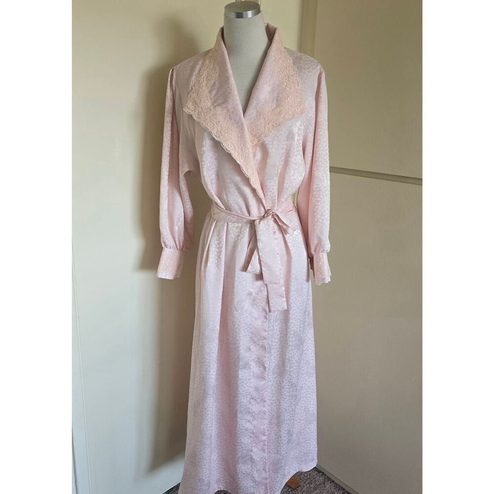 Victorias secret peach bathrobe gold label vtg shoulder pads lace front tie, m/l